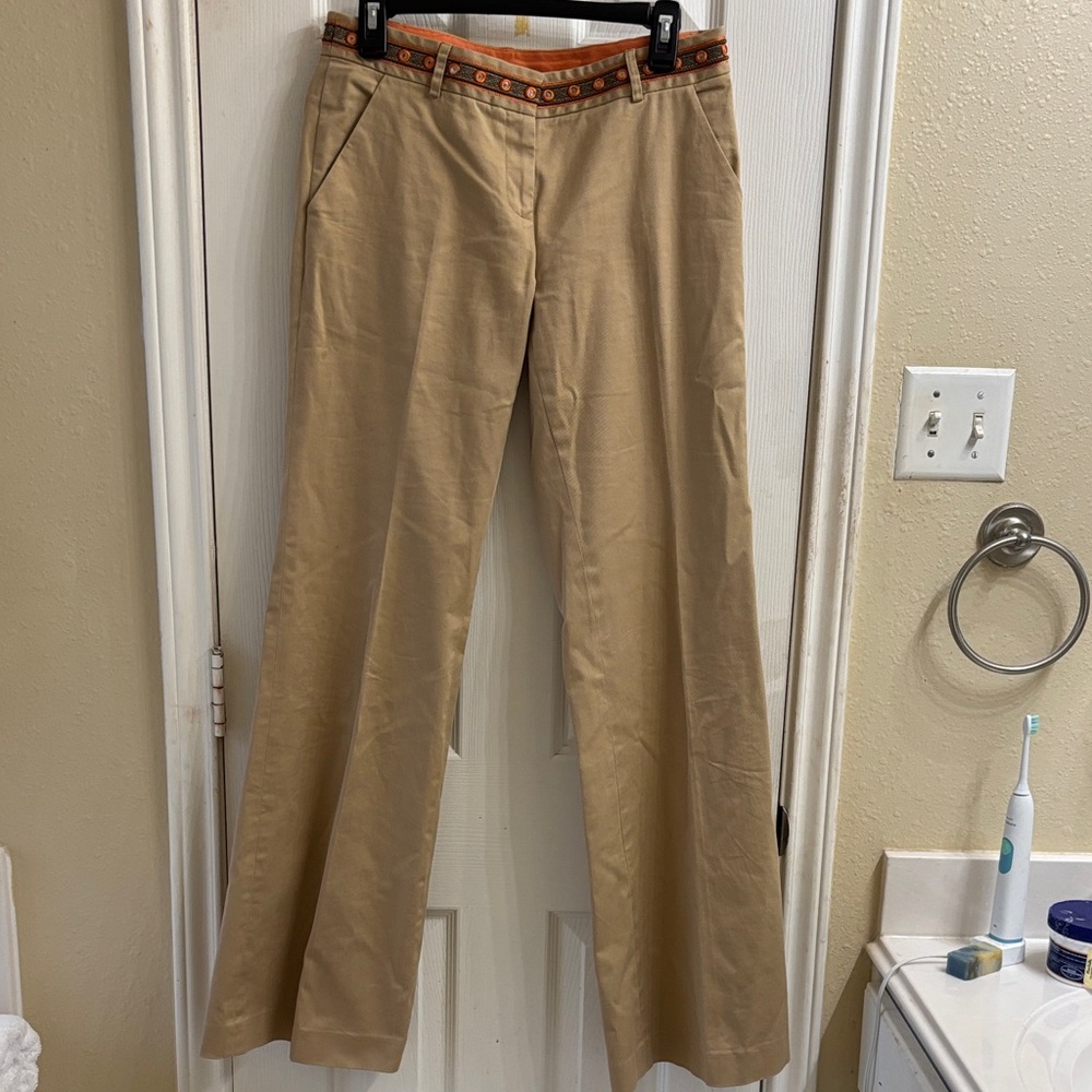 Tory Burch khaki pants with decorative waist band and back pockets. EUC